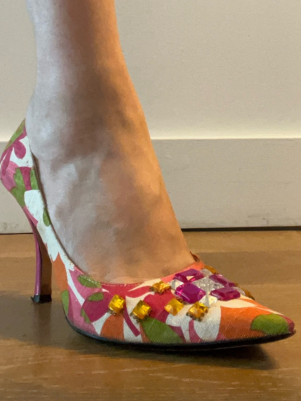 J.Renee Floral Pink and Orange Pointed-Toe fabric and Jewel Pump used